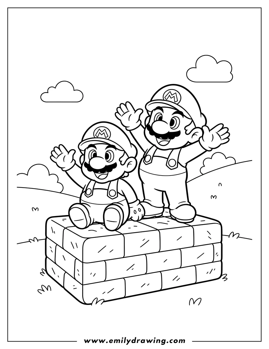 Full page coloring image of cute Baby Mario Preschoolers Scaled sitting on a brick block and waving