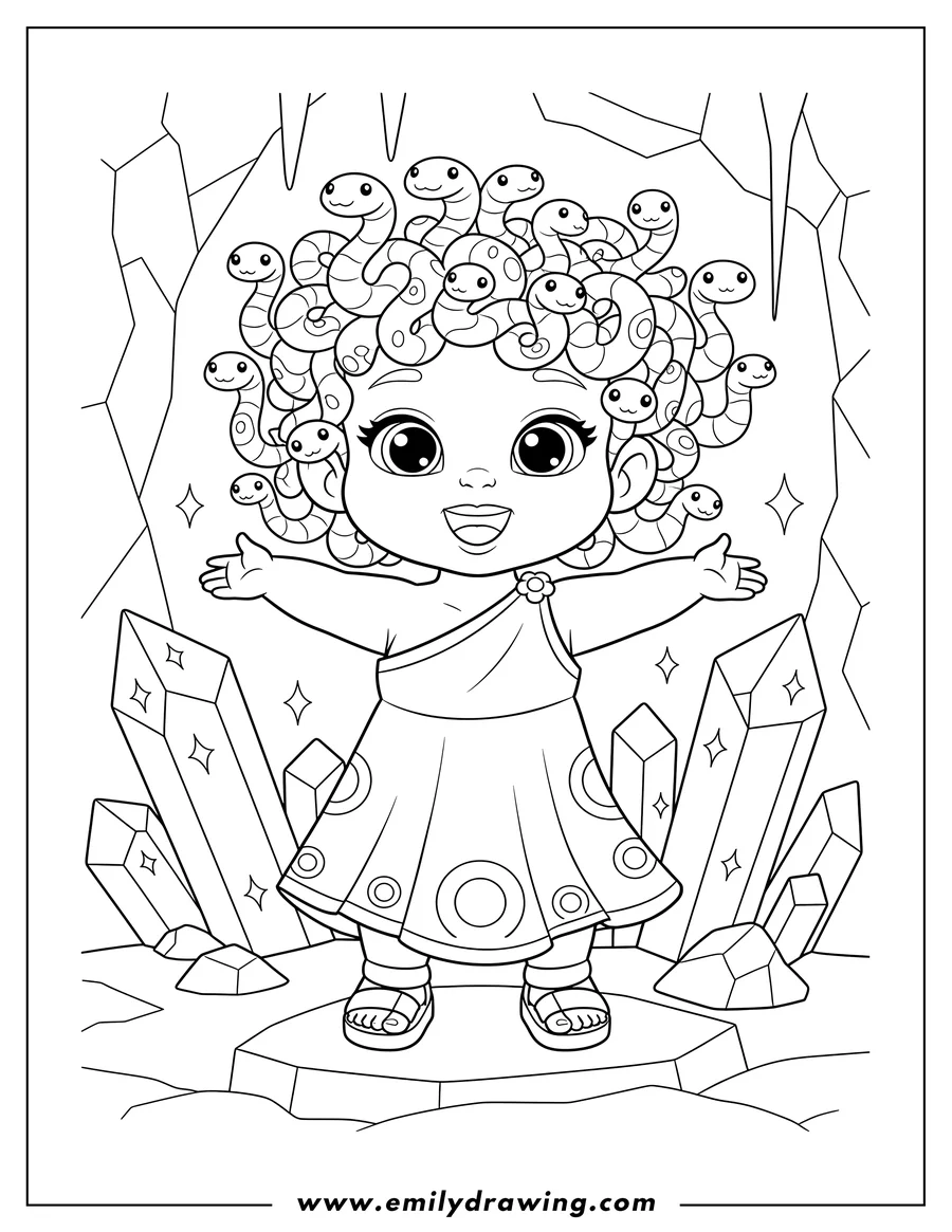 Simple sketch of cute chibi Baby Medusa with snake hair, smiling, and standing in a Sparkling Crystal Cave to color