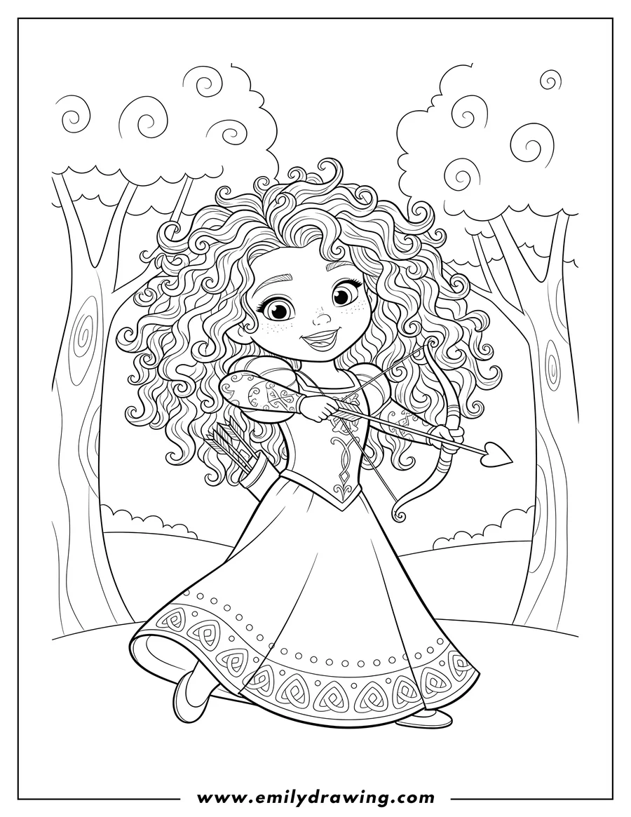 Outline drawing of [Scene]: Cute Baby Merida with long curly hair, smiling and drawing a bow, for preschoolers