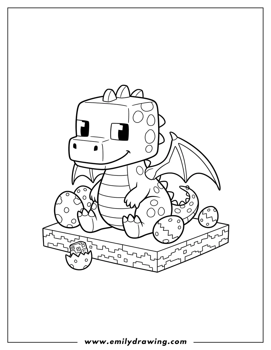 Full page coloring image of cute Baby Minecraft Dragon sitting with pixelated eggs
