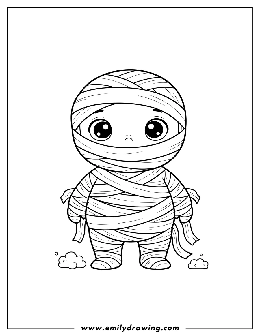 Doodle style coloring picture of cute Baby Mummy With Big Eyes Preschoolers, standing and wrapped in bandages