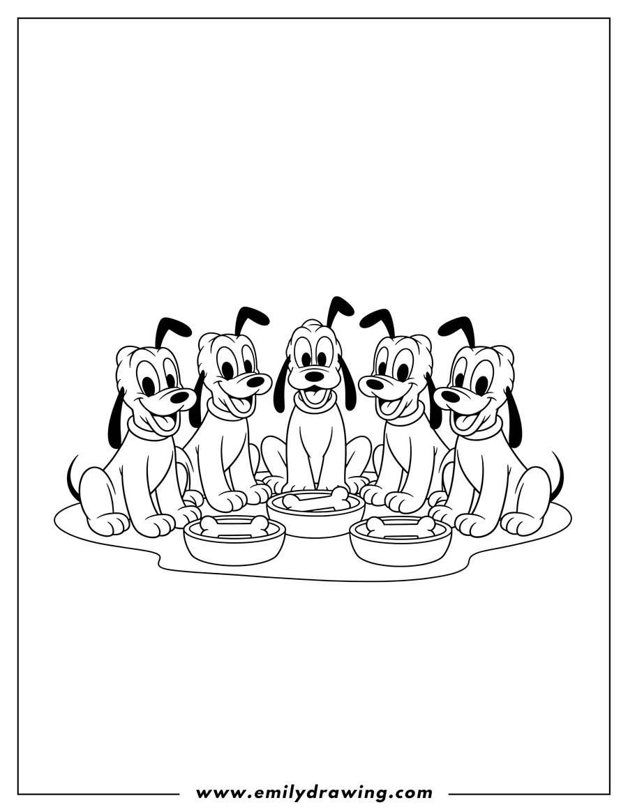 Coloring page of cute Baby Pluto Preschoolers sitting happily with a bone in a bowl