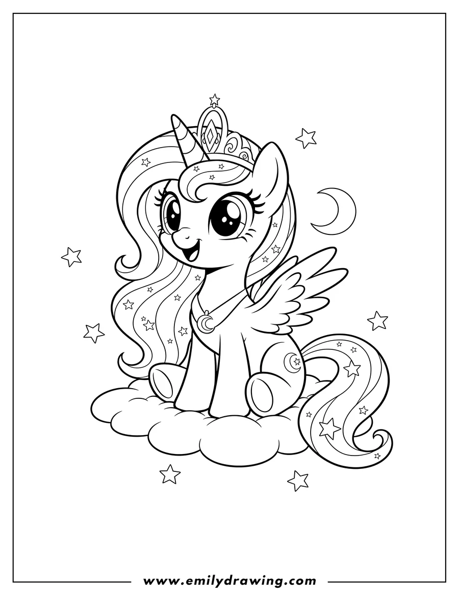 Linear illustration of cute Baby Princess Luna alicorn pony sitting and smiling