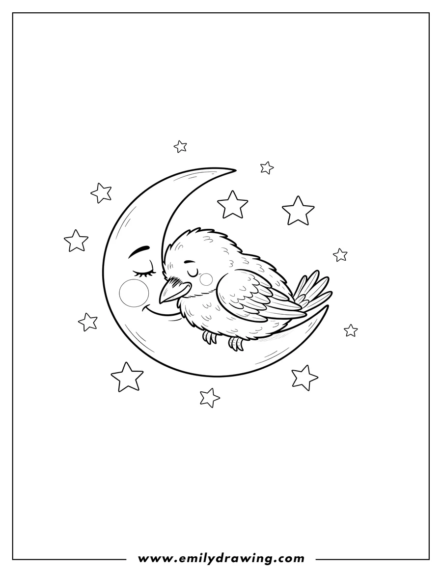 Black and white line art of cute Baby Raven Sleeping On Crescent Moon with a sleeping face, Starry Sky
