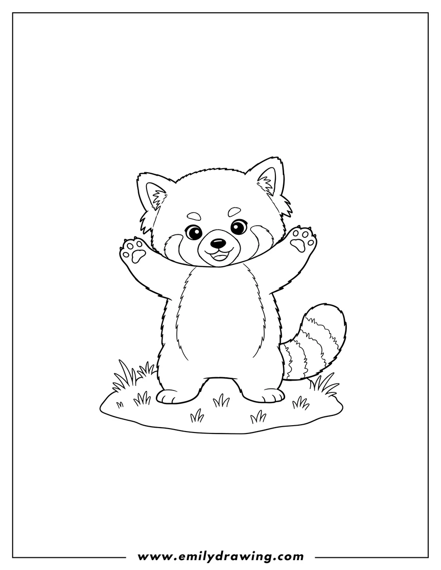 Vector style outline of cute Baby Red Panda standing up with raised paws in grass
