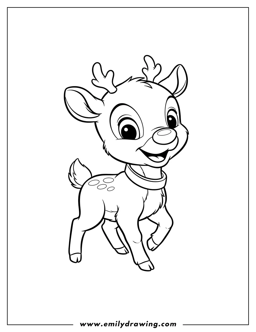 Linear illustration of cute Baby Rudolph Red Nosed Reindeer standing and smiling