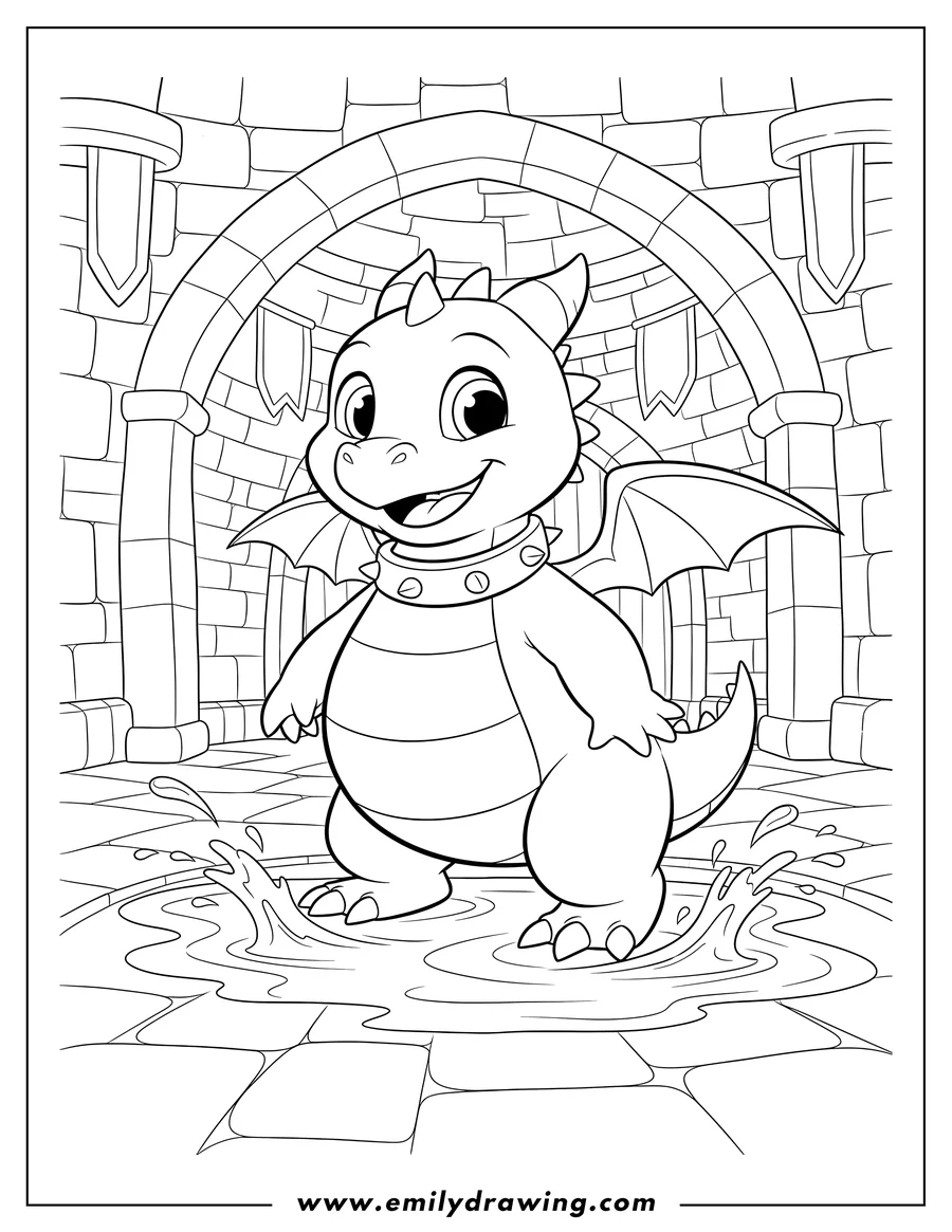 Coloring page for kids: cute Baby Spyro standing in a puddle inside a castle