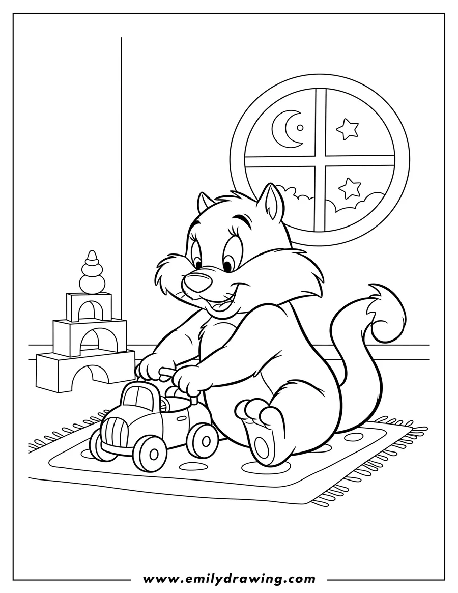 Vector style outline of cute Baby Sylvester Scaled sitting and playing with a toy car