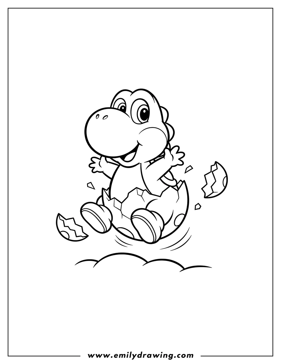 Outline drawing of cute Baby Yoshi leaping out of a cracked egg