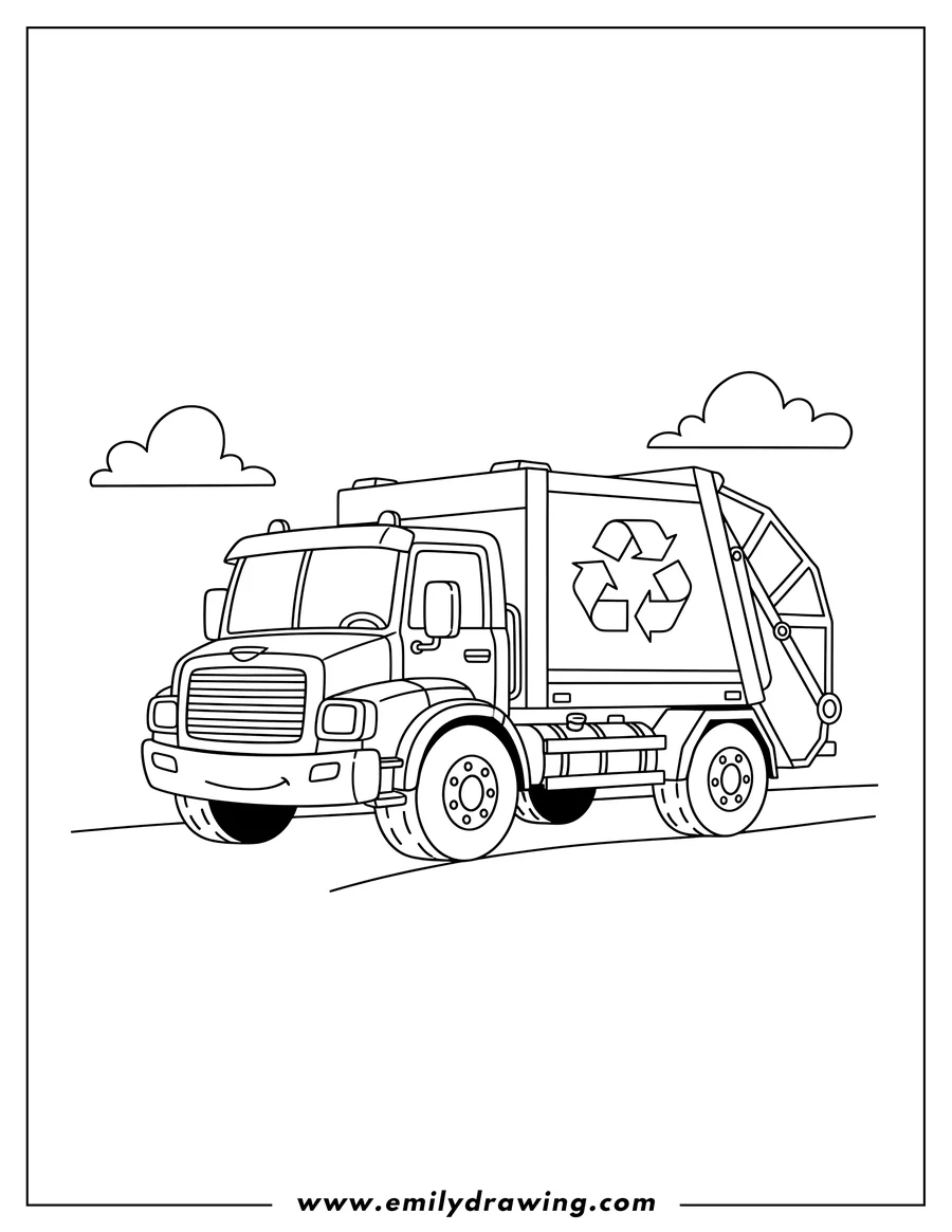 Linear illustration of back Loader Garbage Truck with a recycling symbol To Color1 Scaled