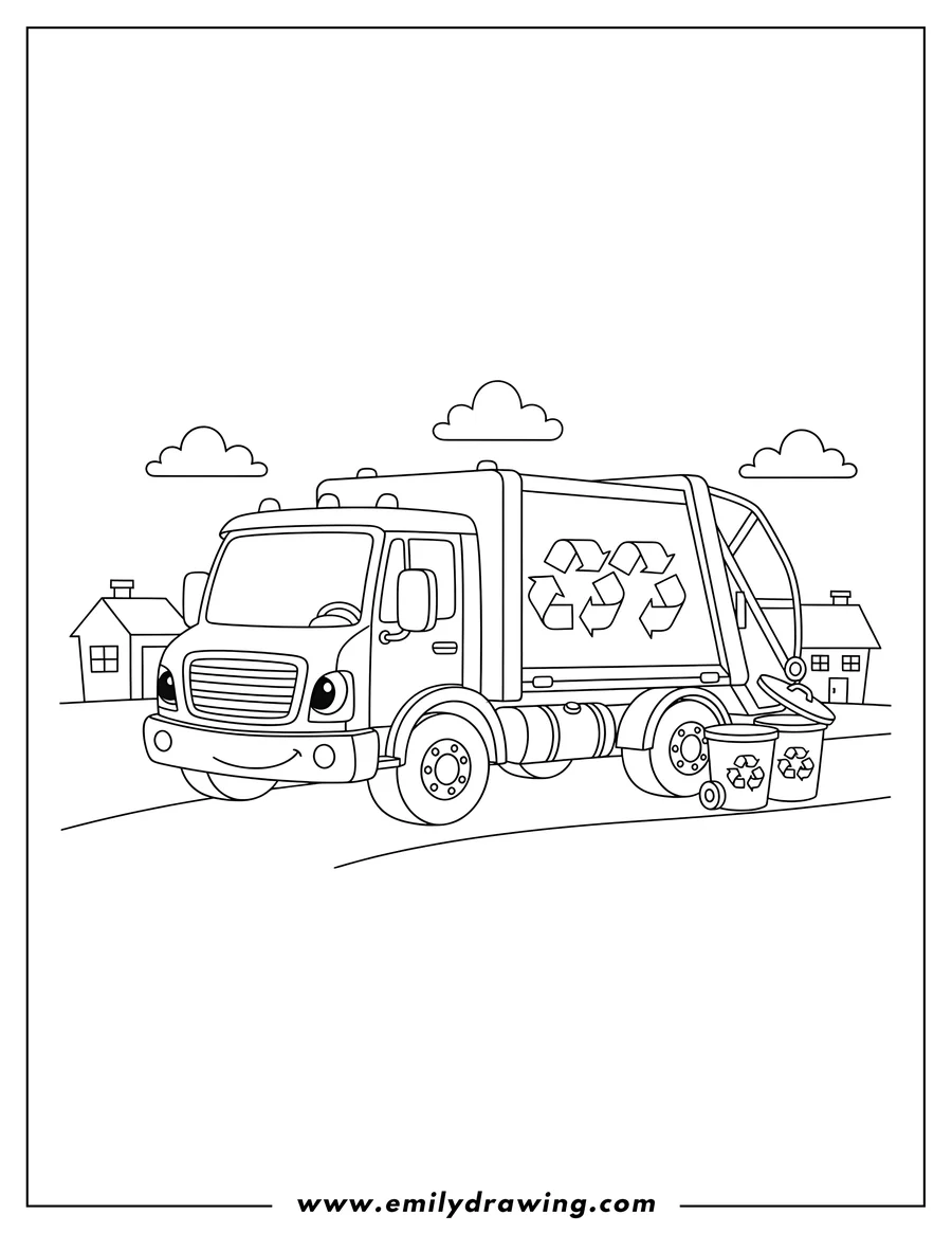 Coloring sheet featuring back Loader Garbage Truck with recycling symbols and two trash cans to color