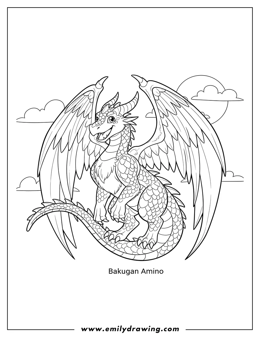 Coloring page for kids: bakugan Amino, a winged dragon with feathered wings and a long tail