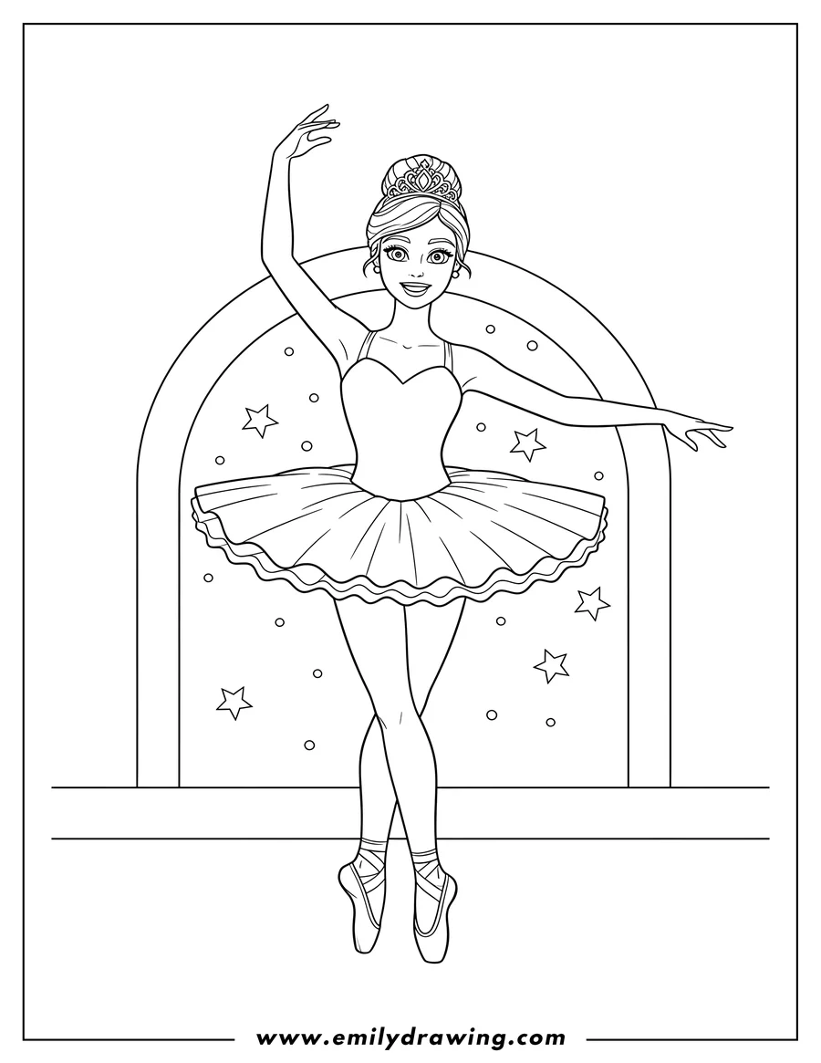 PDF style coloring page: ballerina Barbie Scaled, on pointe, wearing a tiara, with arm raised