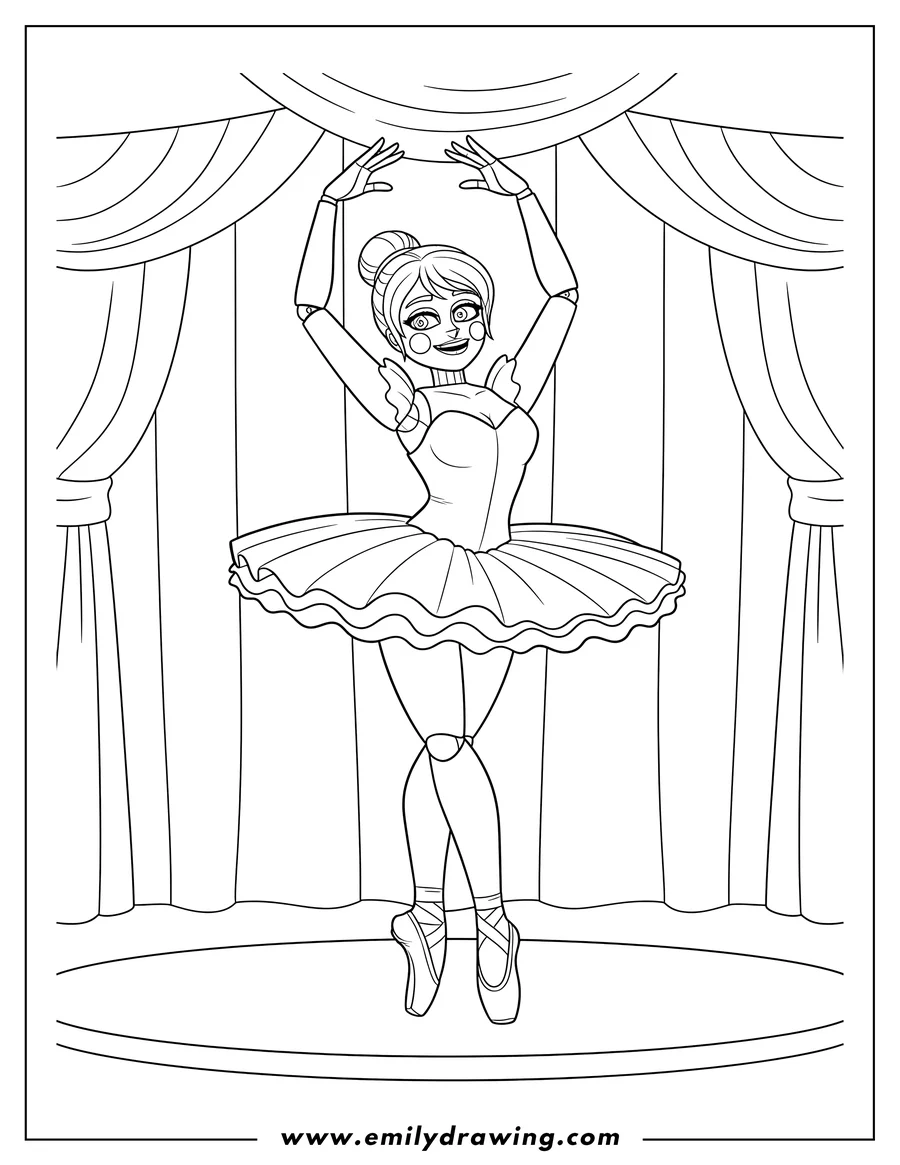 Clean line drawing: ballora Dancing Ballet On Stage with arms raised and on pointe