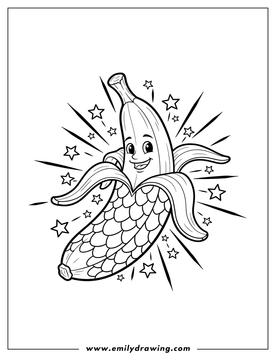 Simple sketch of banana Scaled, with peel partially open and sparkling stars to color