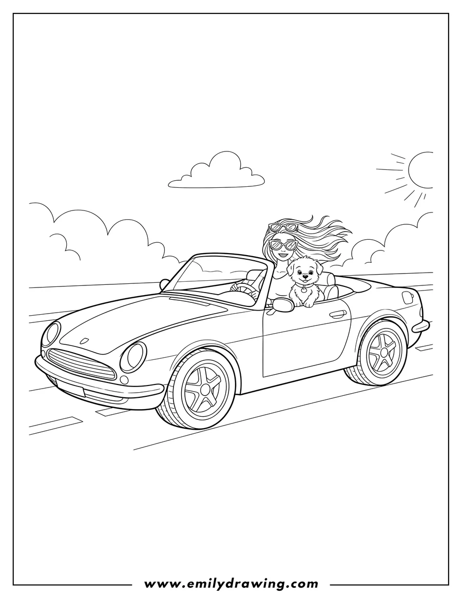 Doodle style coloring picture of barbie driving a convertible car with a puppy, sunglasses on her head