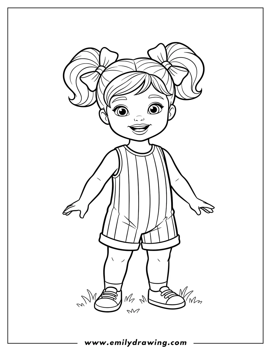 Free printable coloring sheet of barbie Kelly Scaled standing in a striped romper with pigtails
