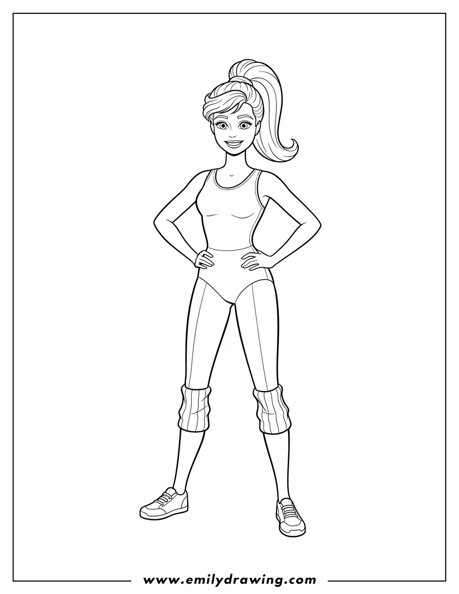 Coloring page of barbie from Toy Story 1 standing with hands on her hips, wearing a leotard and leg warmers