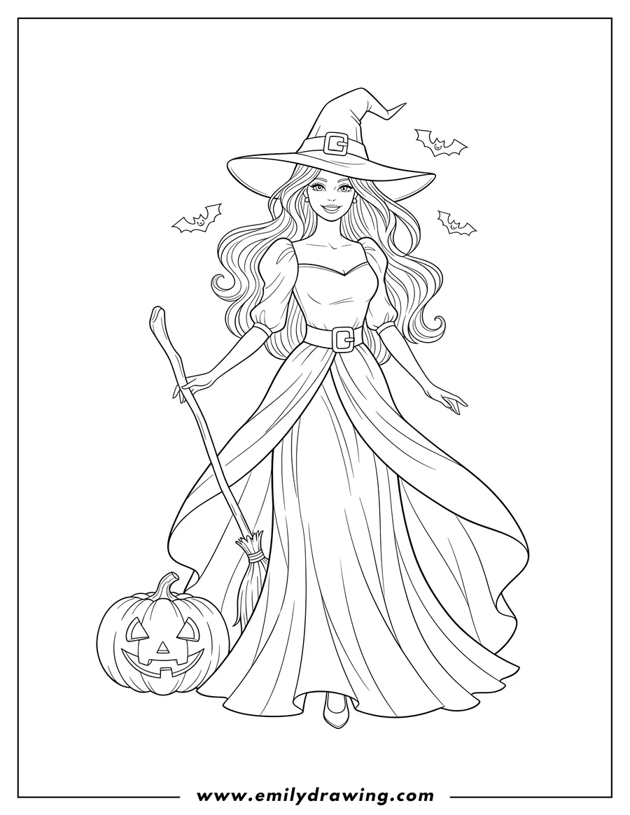 Coloring sheet featuring barbie wearing a witch's hat and dress, with long flowing hair, standing, for Halloween