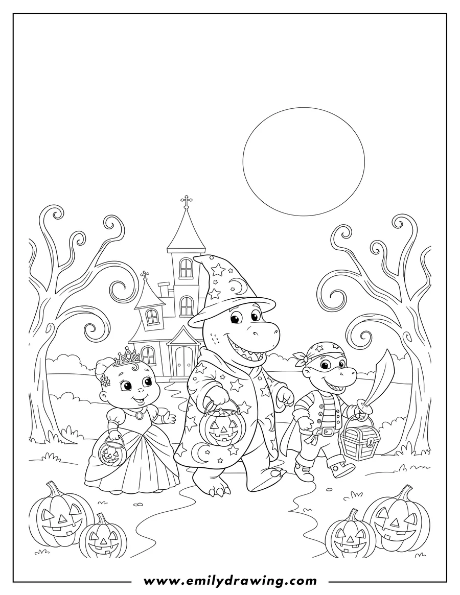 Coloring sheet featuring barney and friends trick-or-treating in Halloween costumes