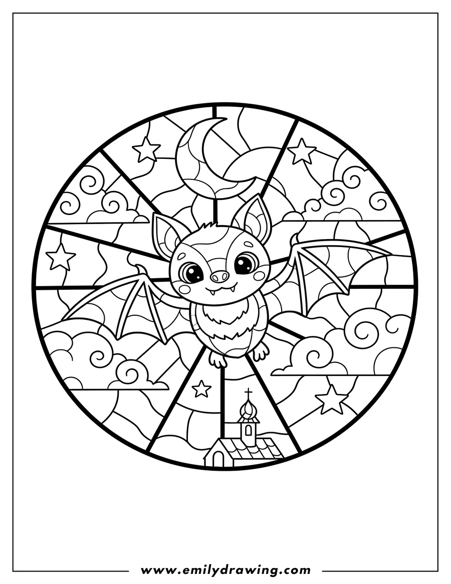 Free to print drawing of cute Bat Flying Night Sky Stained Glass Window