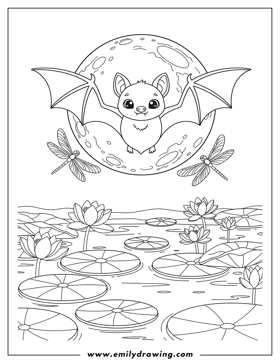 Printable coloring page of cute bat flying in front of a moon, with dragonflies, over a pond with lily pads and flowers