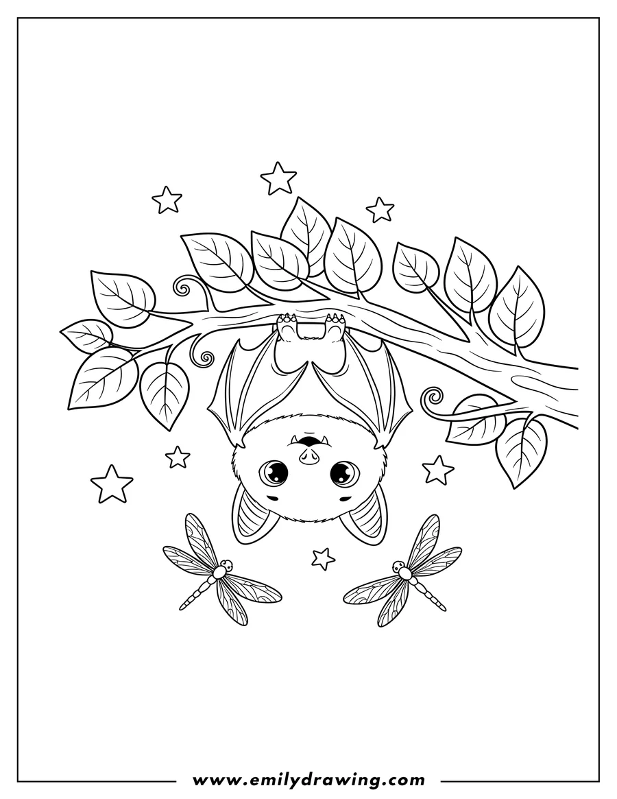 Simple sketch of cute bat hanging upside down from a leafy tree branch, with stars and dragonflies to color