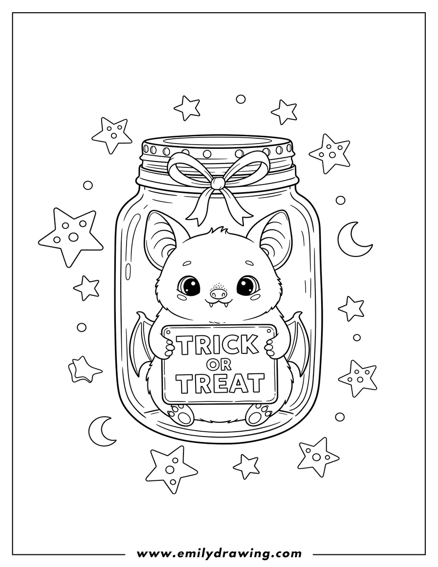 Outline drawing of cute bat inside a jar lantern holding a Trick or Treat sign, surrounded by stars