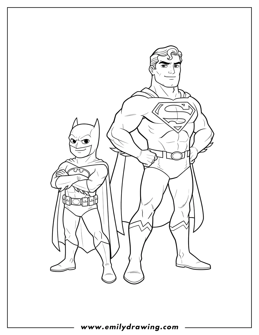 Clean line drawing: batman And Superman Scaled, with Batman crossing his arms and Superman posing heroically
