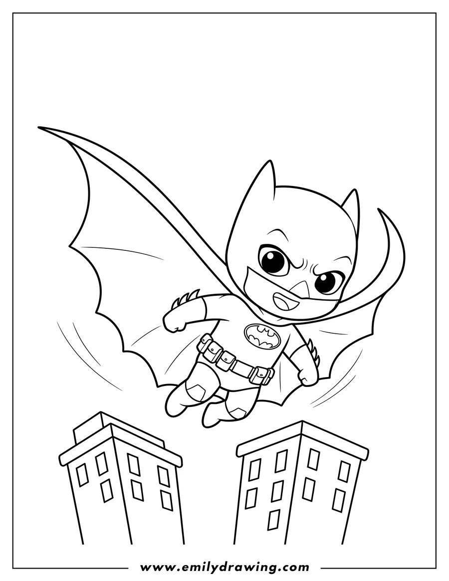 Black and white line art of cute Batman gliding down between buildings with a determined expression