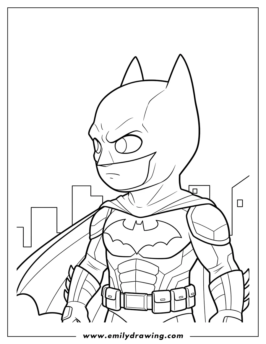 Linear illustration of batman Superhero, wearing an armored suit, looking to the side