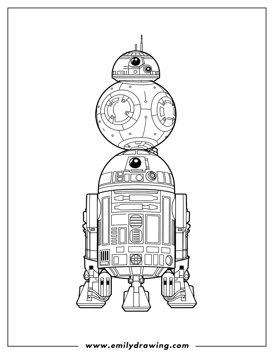 Downloadable coloring page of BB-8 stacked on top of R2-D2, both standing