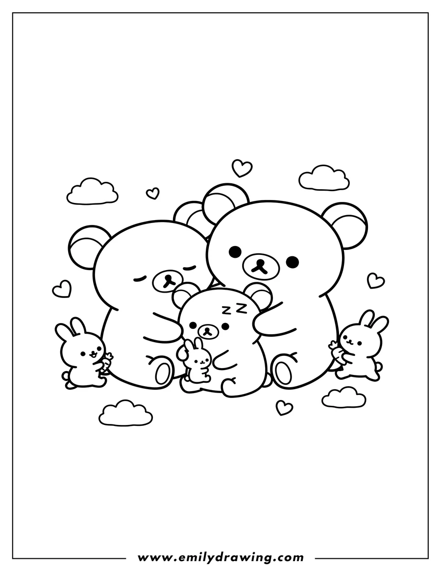 Black and white line art of cute Rilakkuma-style bear friends hugging and cuddling, one bear sleeping, with little bunny friends