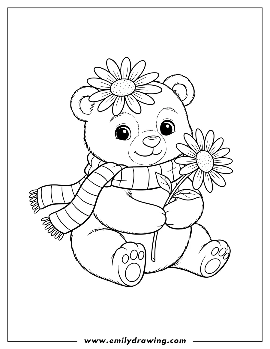 Black and white line art of cute Bear Wearing Scarf, with a flower on its head and holding a flower, Preschoolers