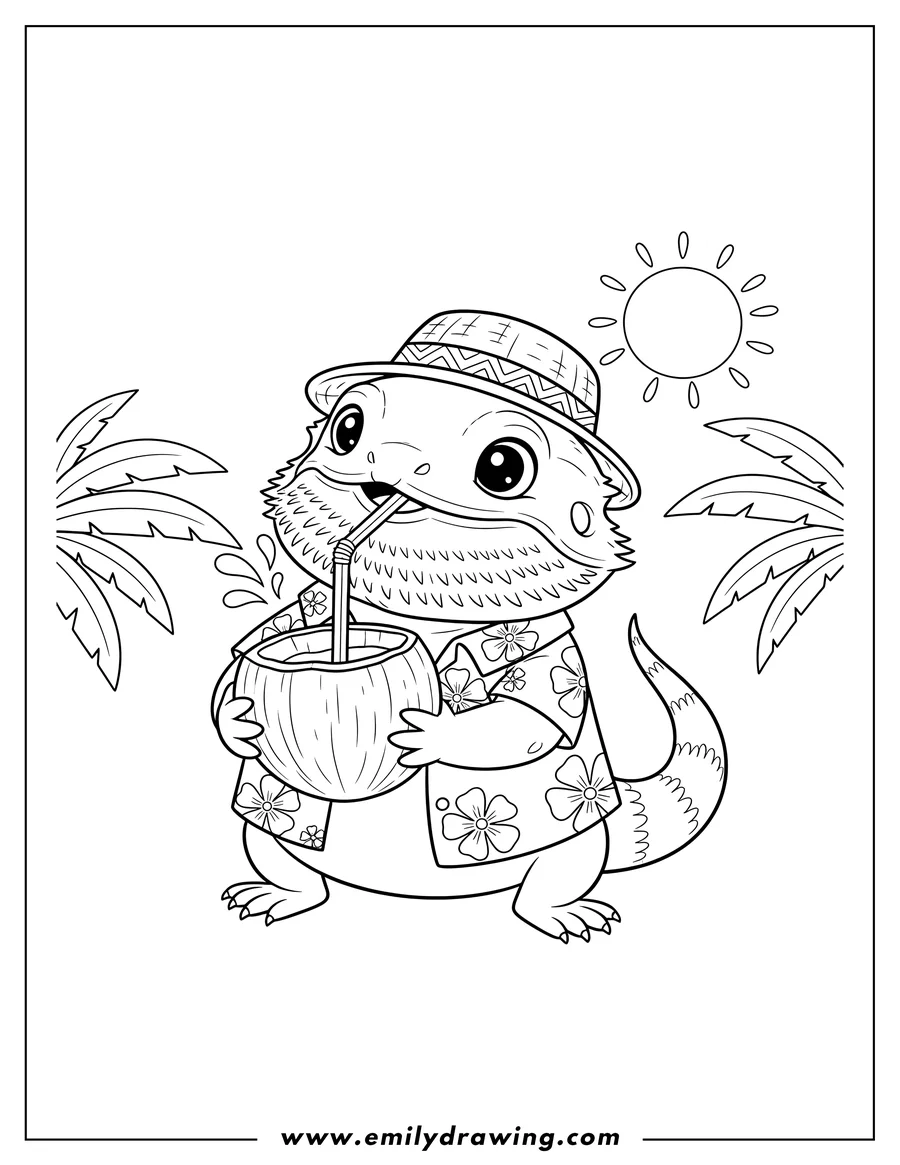 Vector style outline of cute Bearded Dragon holding a coconut and drinking juice with a straw