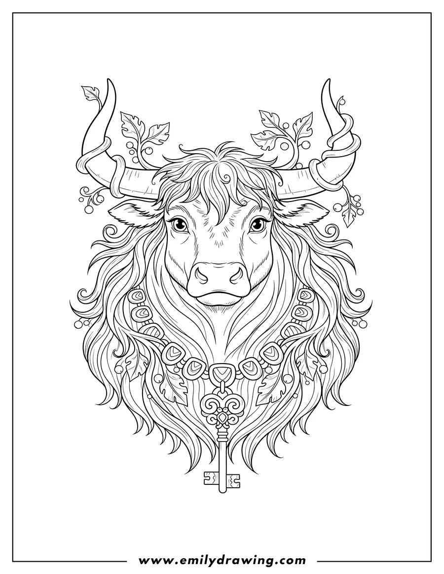 Full page coloring image of beautiful Bull With Vines Around Its Horns, wearing a decorative necklace with a key, and with a shaggy mane