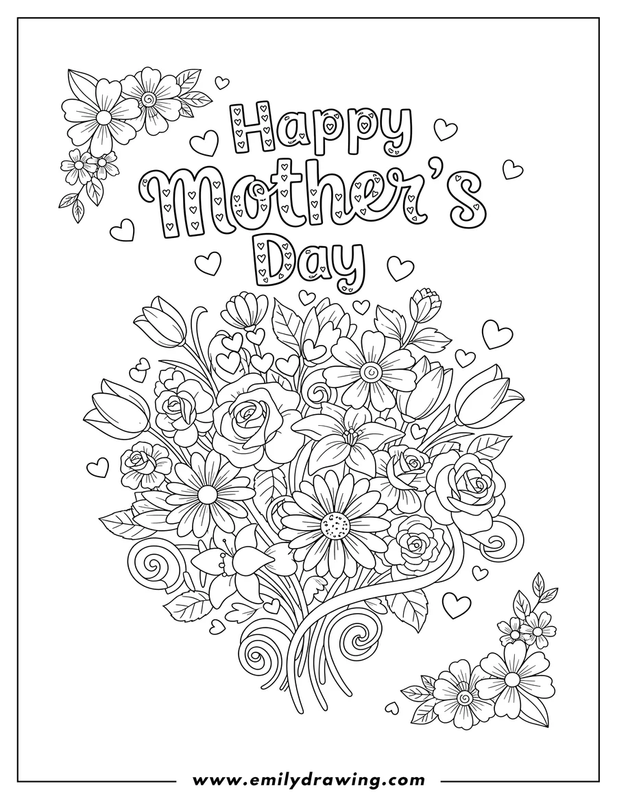 Coloring sheet featuring beautiful Flowers in a central bouquet and corner accents, with Happy Mother's Day script and hearts