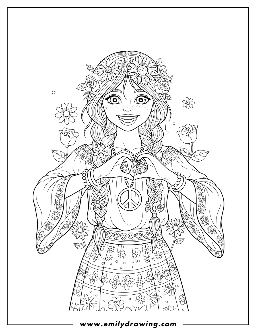 PDF style coloring page: beautiful Hippie Girl With Braided Hair And Flowers, Smiling, Making a Heart Shape with Her Hands