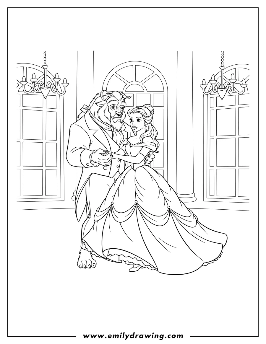 Free printable coloring sheet of beauty and Beast dancing, Belle in ball gown