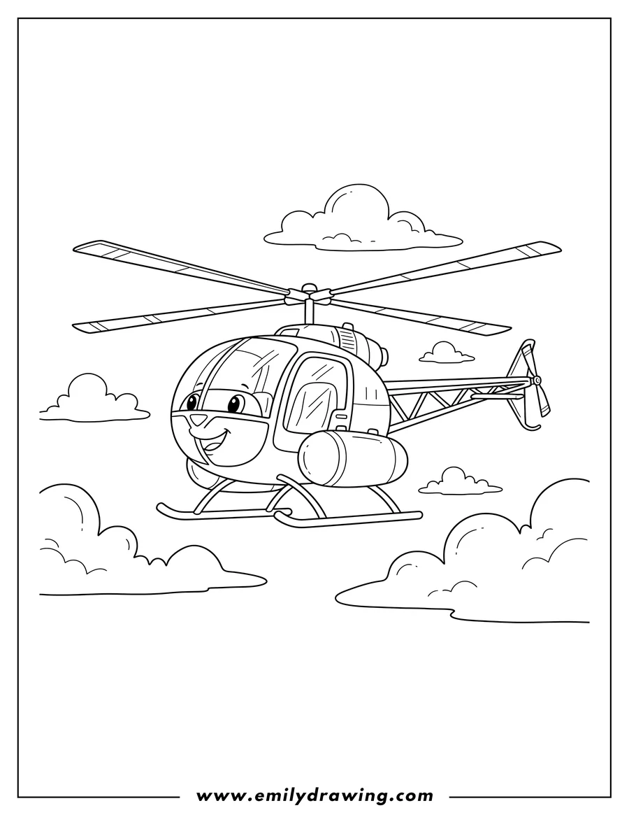 Simple sketch of bell 47 Helicopter Flying in the Sky with Clouds Coloring Page to color