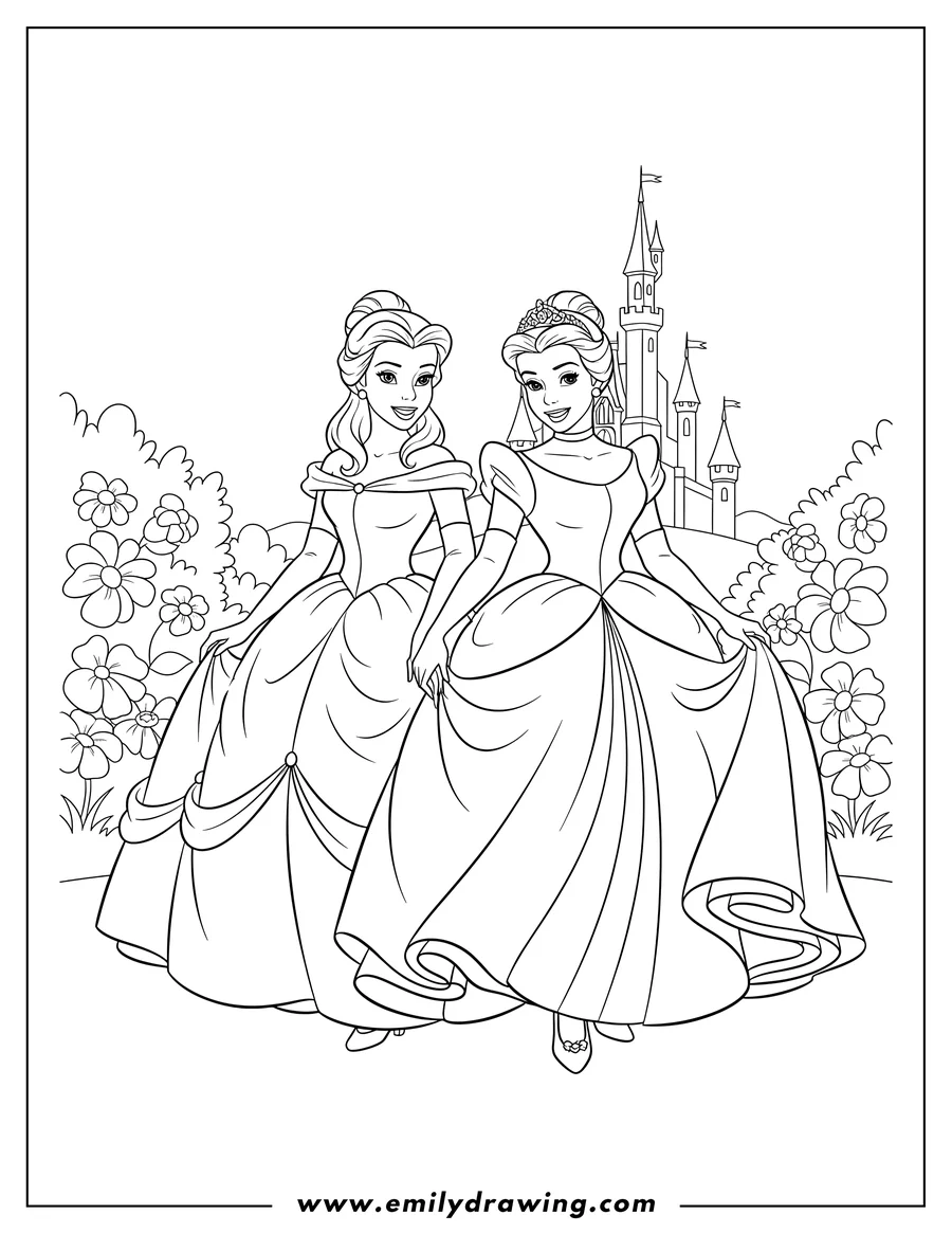PDF style coloring page: belle and Cinderella smiling together in ballgowns in a castle garden