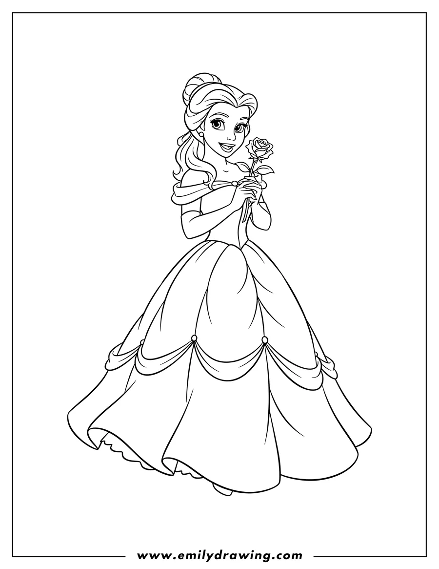 Linear illustration of belle in a ball gown holding a rose, smiling