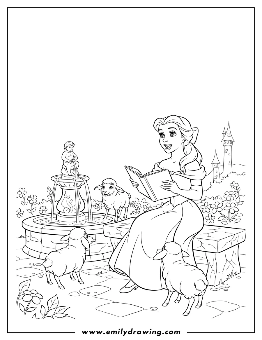 Coloring page of belle sitting and holding an open book, singing to sheep at a water fountain