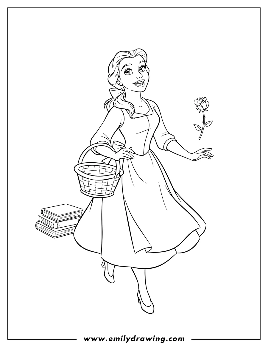 Outline drawing of belle in her blue dress and apron, smiling and looking up, walking with a basket