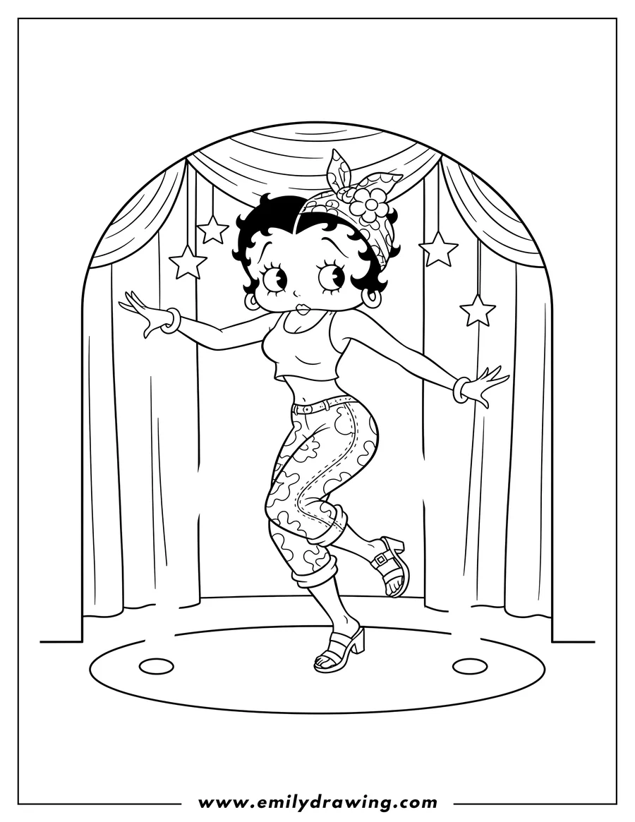 Coloring page for kids: betty Boop dancing on stage wearing a headband, rolled-up pants, and sandals