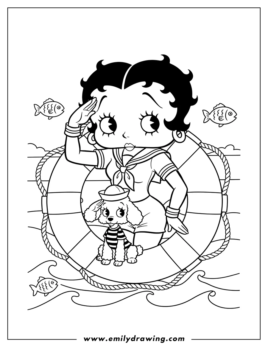 Simple sketch of cute Betty Boop saluting, standing inside a life preserver, with a small dog in a sailor hat to color