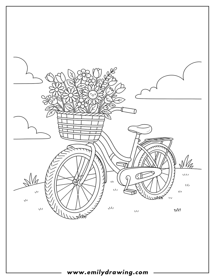 High quality printable cute Bicycle with a Basket Full of Flowers and a Rear Rack for coloring