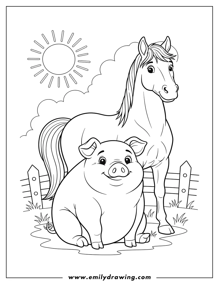 Downloadable coloring page of big Farm Pig sitting with a standing Horse behind it to color
