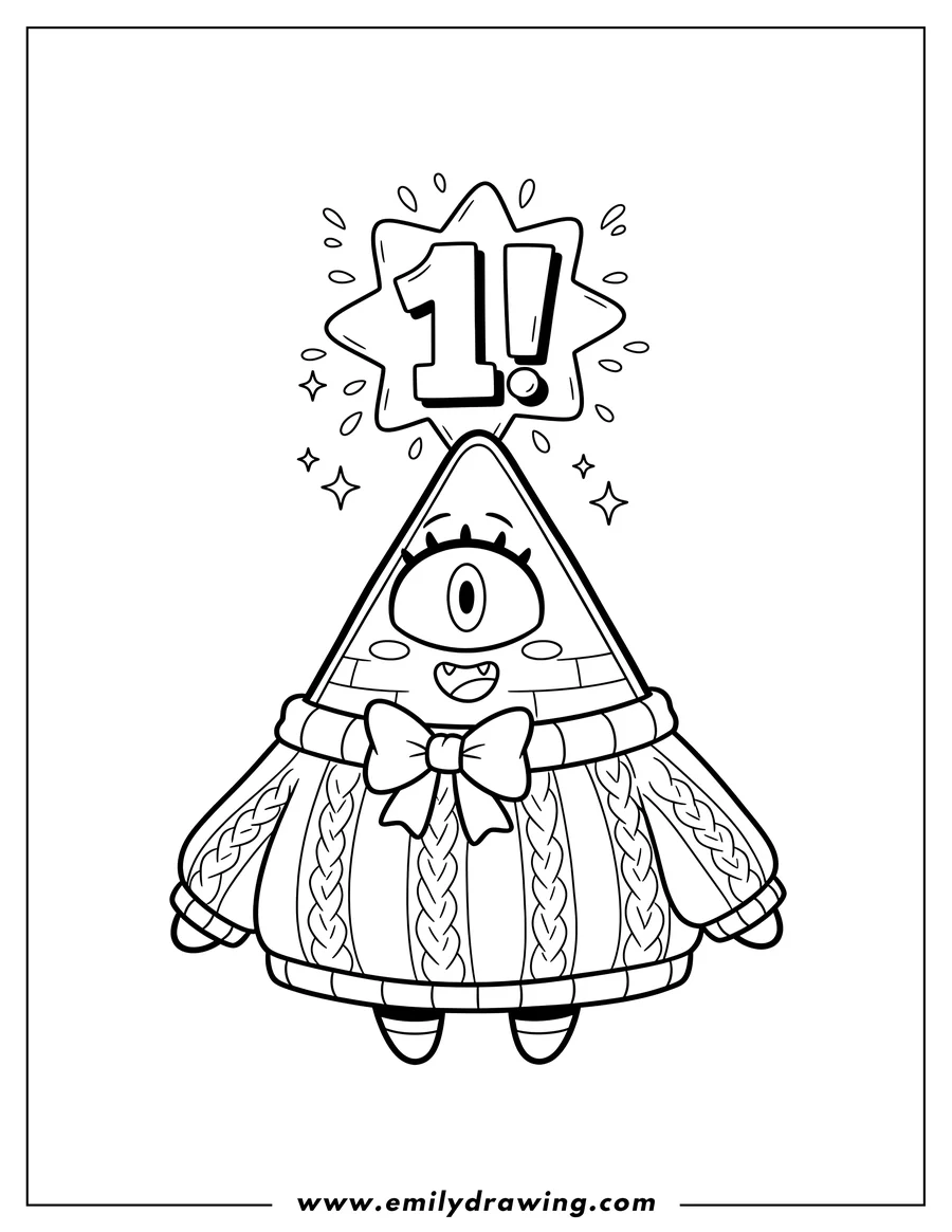Doodle style coloring picture of kawaii Bill Cipher wearing a cozy sweater with a bow tie, with a number one exclamation mark above its head, and sparkles, for preschoolers