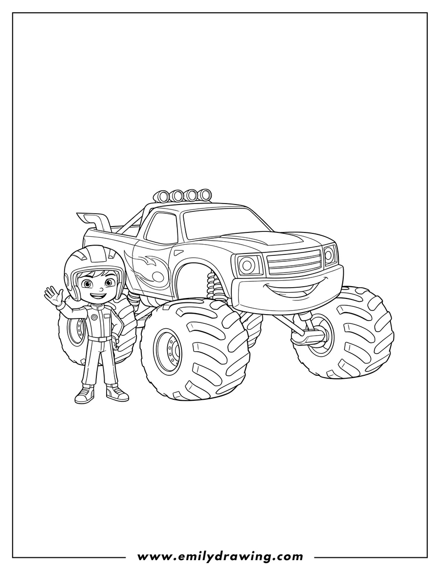 Free printable coloring sheet of blaze Monster Truck smiling, with AJ standing next to him
